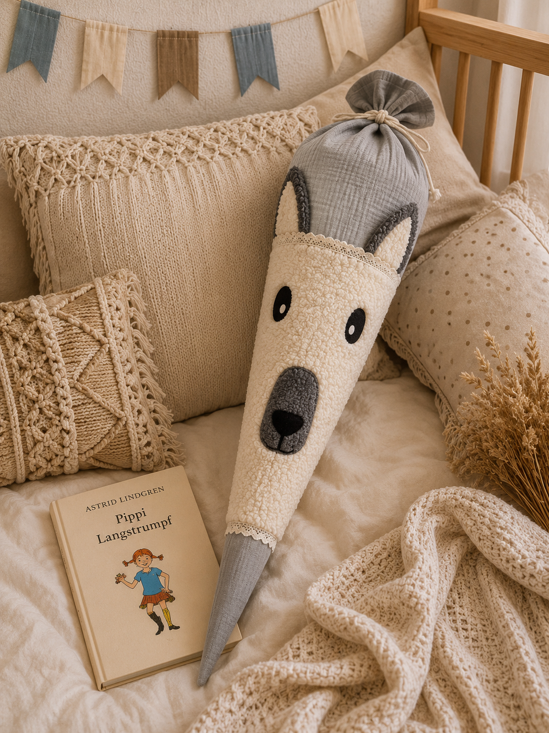 Schultüte Wolf aus Teddyfell mit Kissenfunktion