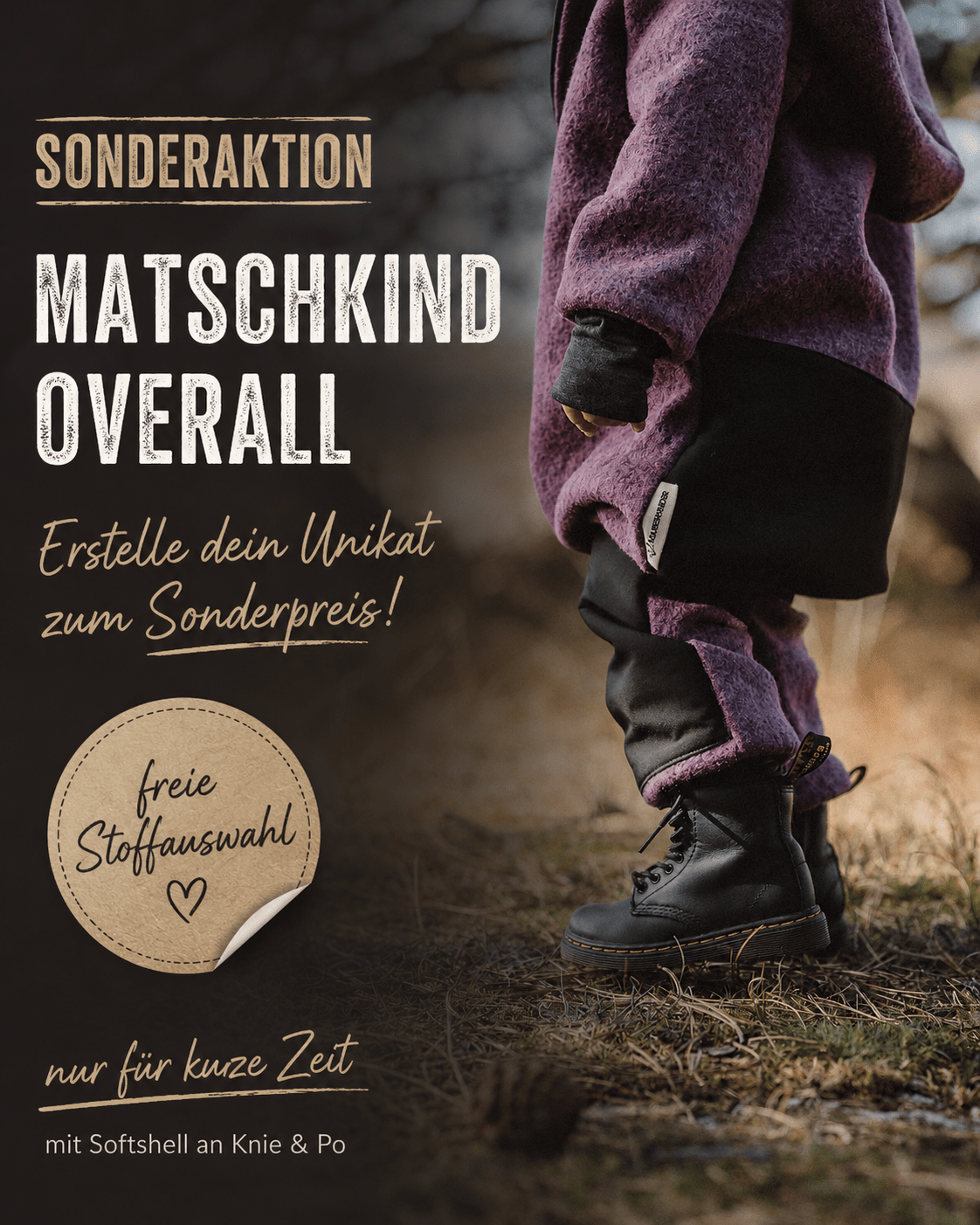 AKTION! Matschkind Wollwalkanzug mit Softshell an Knie und Po nach Wahl zum Sonderpreis - Räuberkinder 1