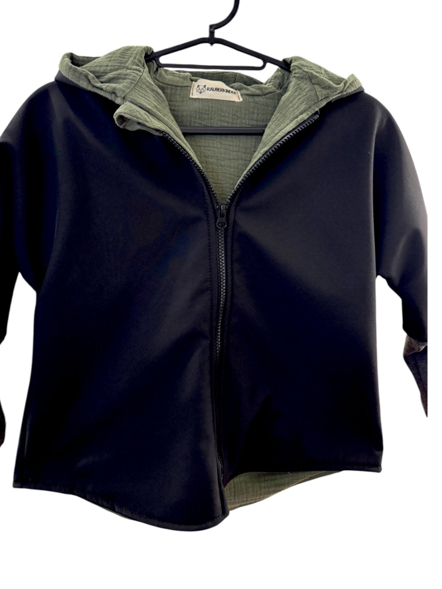 Einzelstück / Softshelljacke Anthrazit - Musselin Olive, Größe 98/104 - Räuberkinder