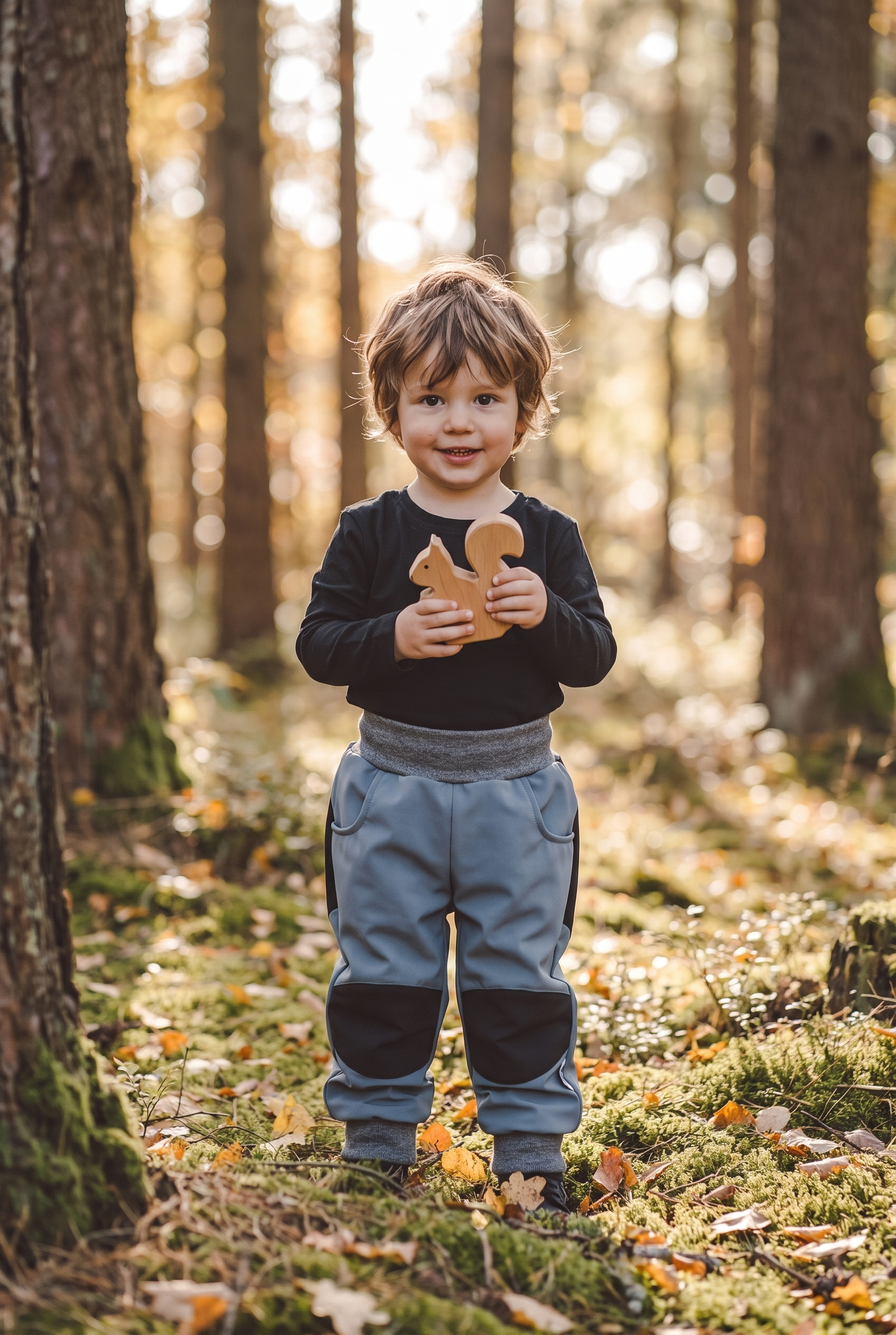 PU Buddelhose Taubenblau - Kind spielt im Herbstwald