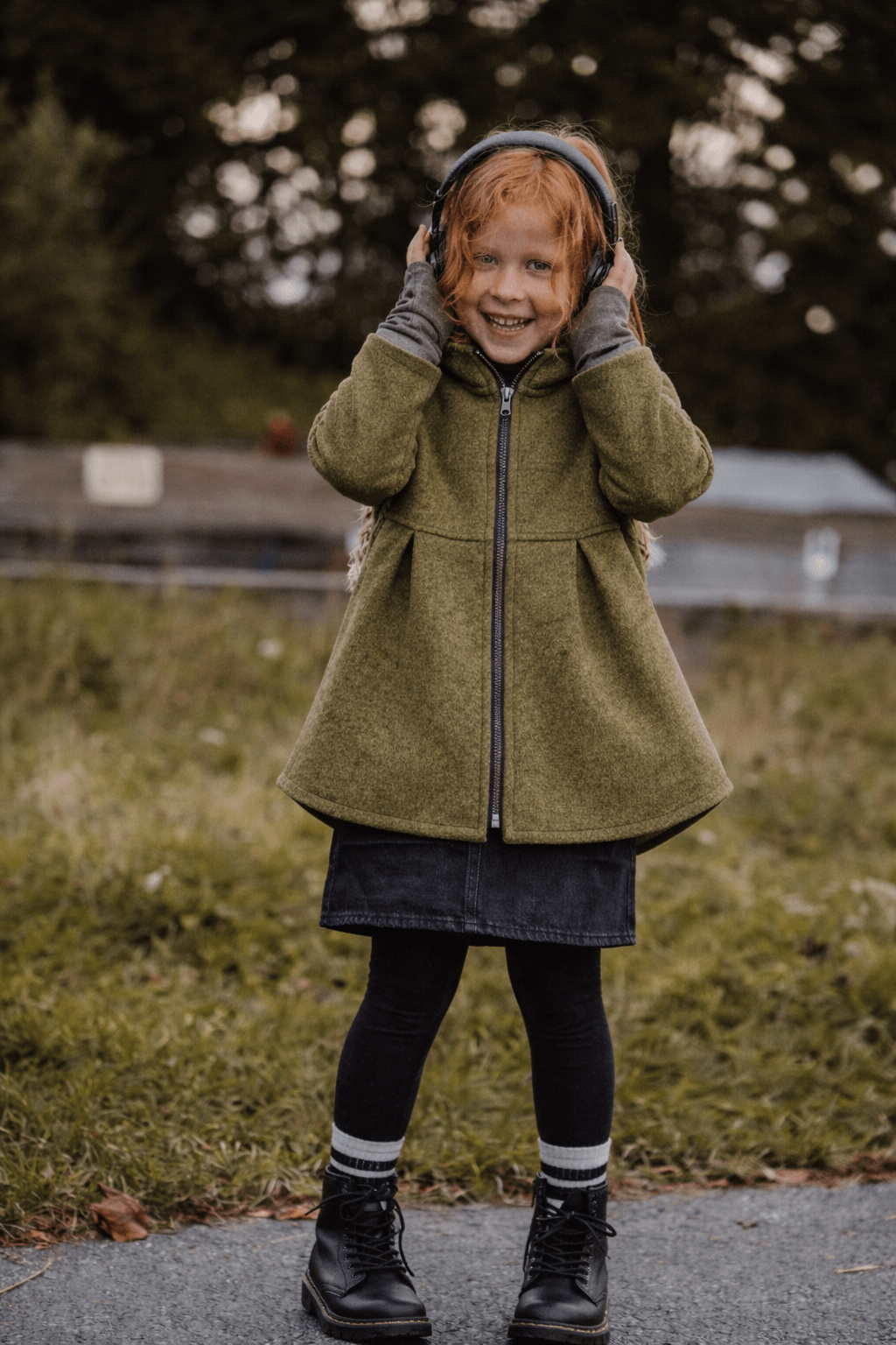 Merino Mantel in A - Linie mit Merinojersey - Olive - Räuberkinder