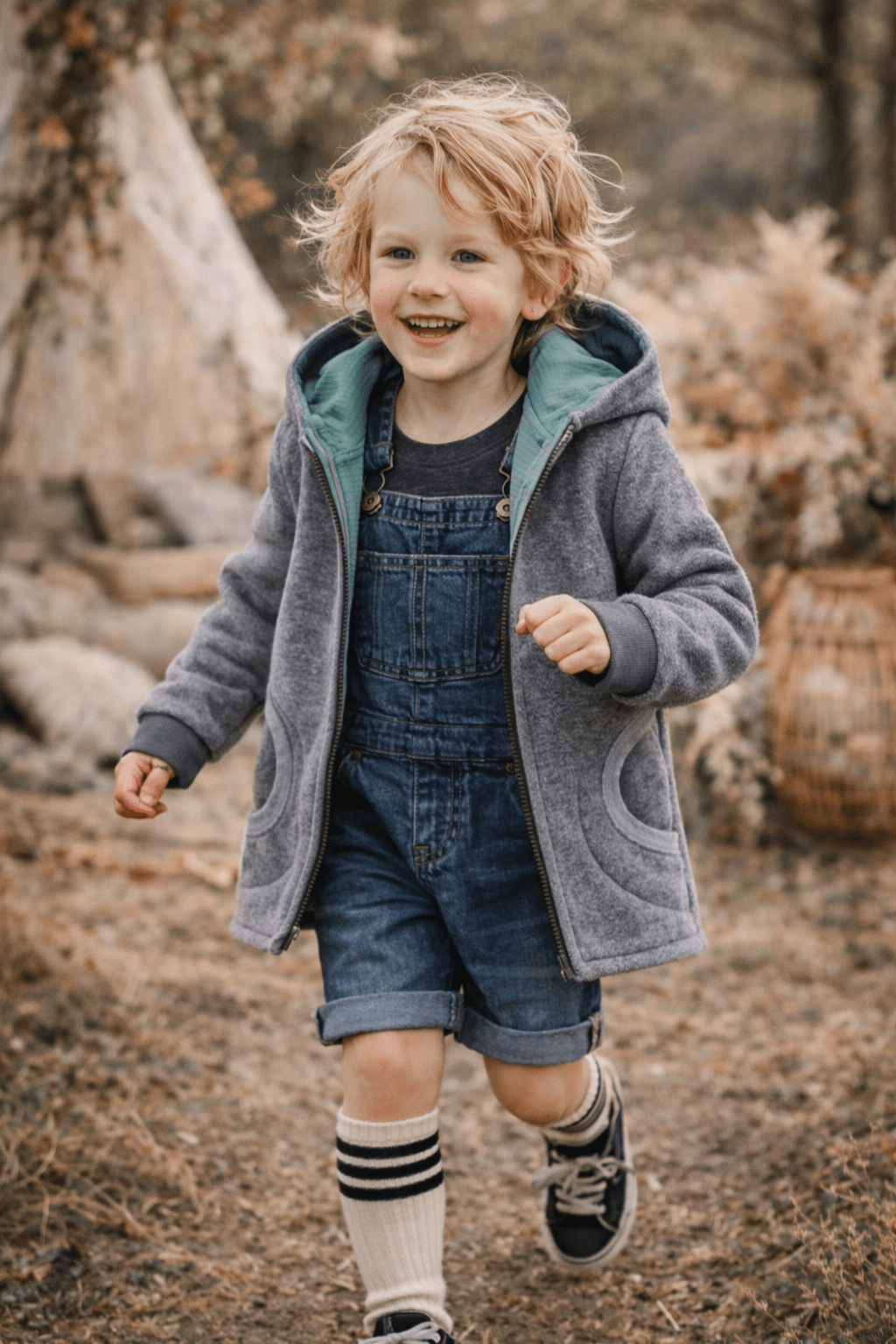 Merinofleece Jacke Grau x Musselin Eukalyptus - Räuberkinder