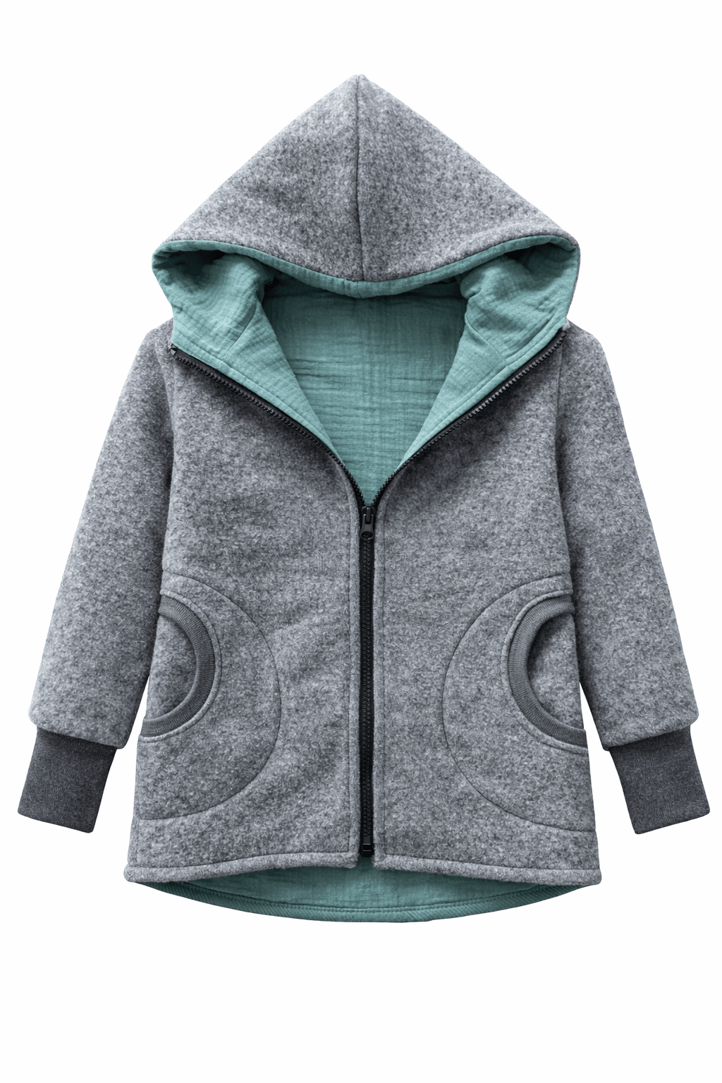 Merinofleece Jacke Grau x Musselin Eukalyptus - Räuberkinder