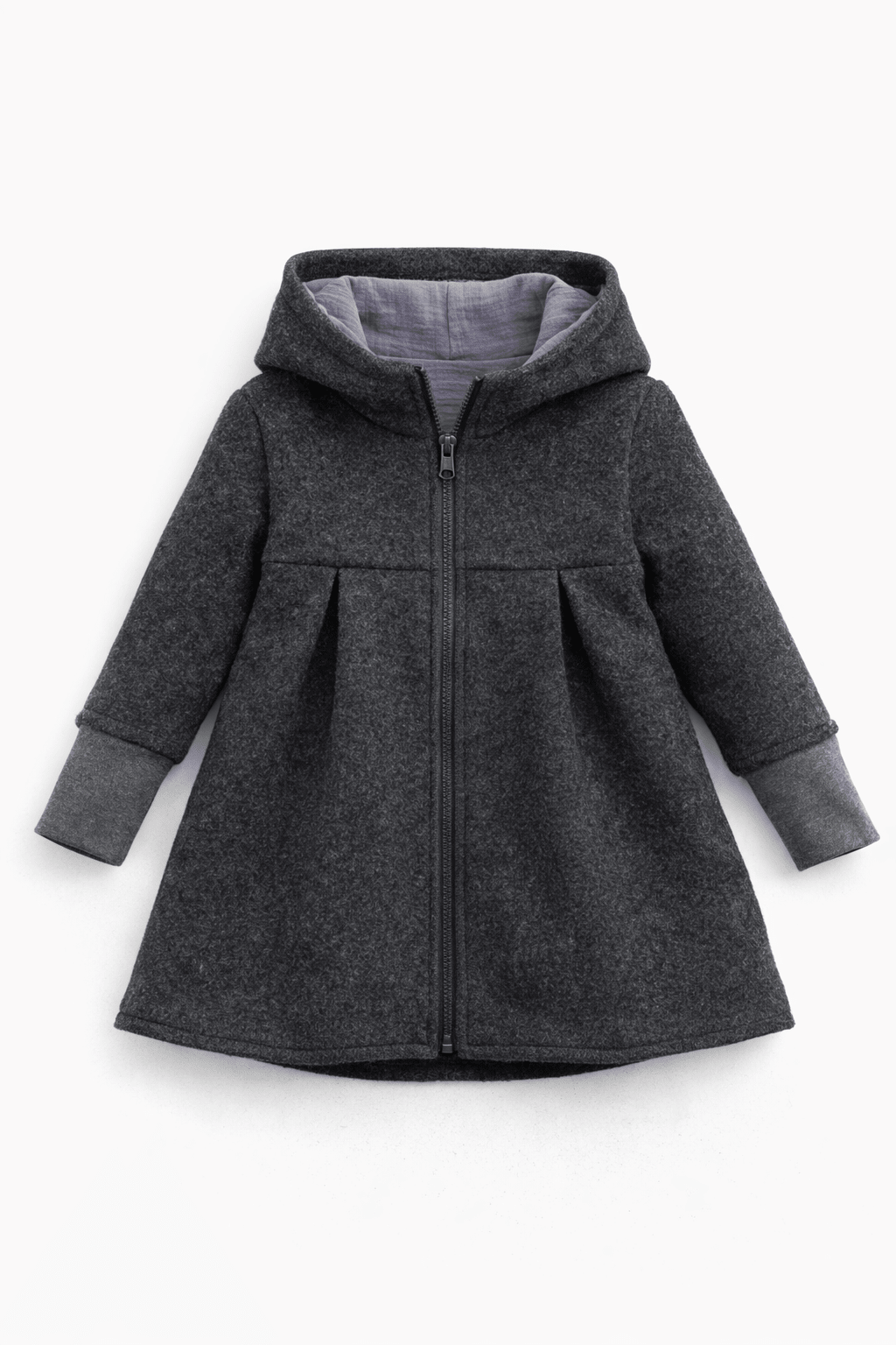 Merinofleece Mantel in A - Linie mit Kapuze - Anthrazit / Musselin Flieder - Räuberkinder