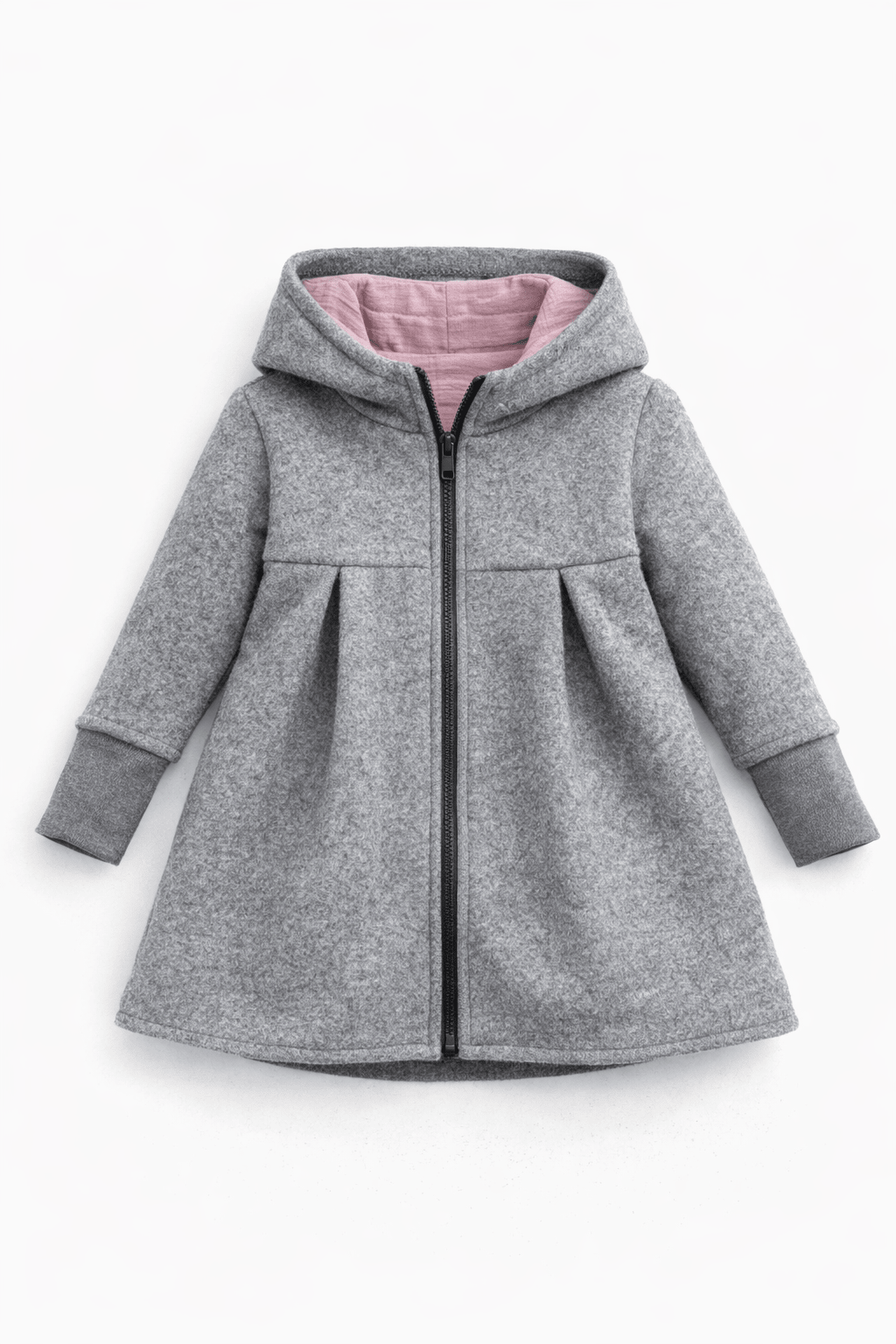 Merinofleece Mantel in A - Linie mit Kapuze - Grau / Musselin Rosa - Räuberkinder