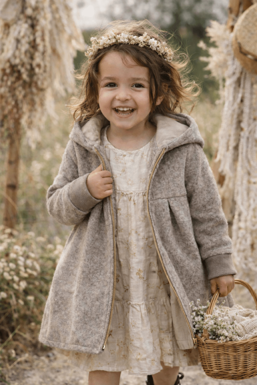 Merinofleece Mantel in A - Linie mit Kapuze - Taupe / Musselin Sand - Räuberkinder