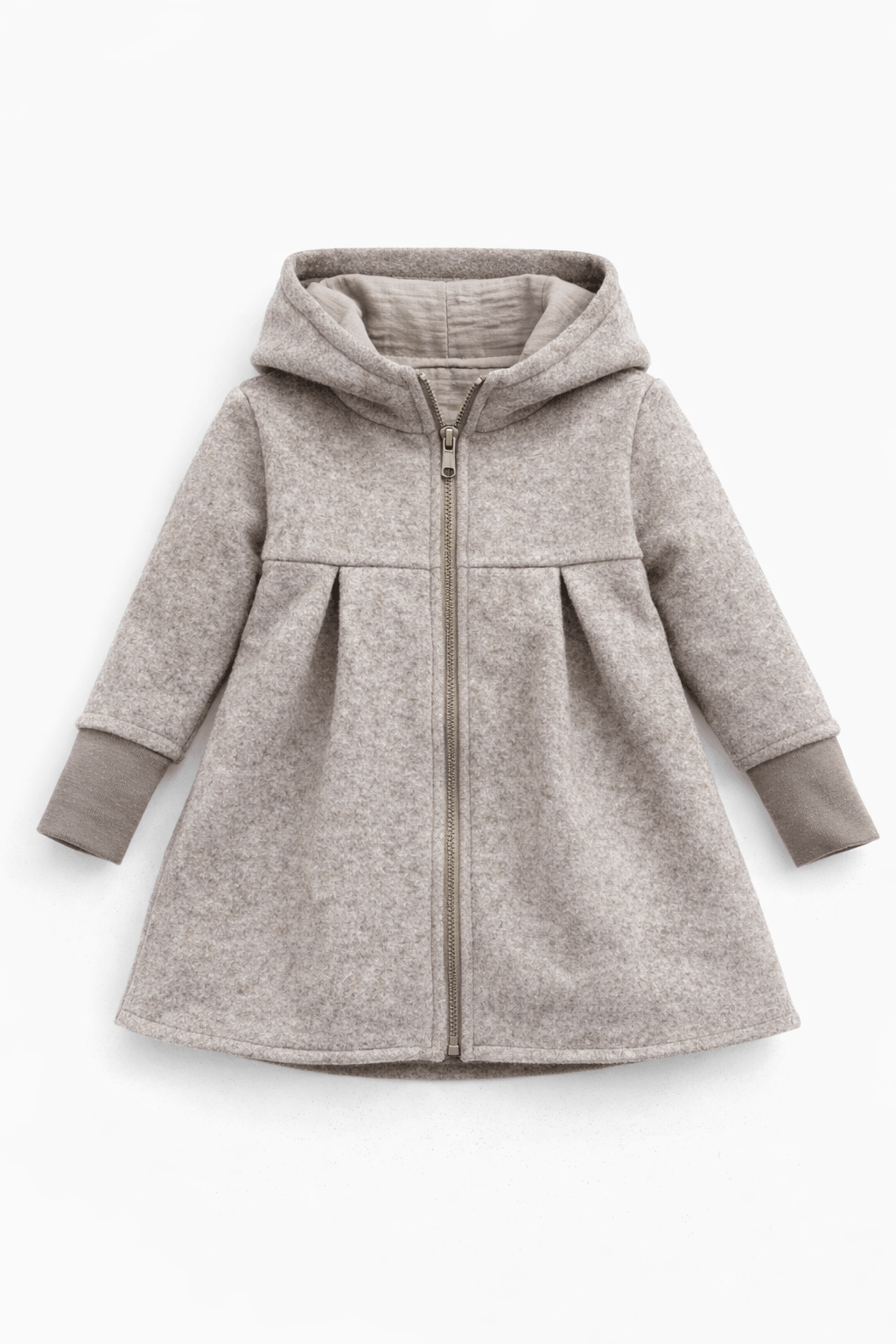 Merinofleece Mantel in A - Linie mit Kapuze - Taupe / Musselin Sand - Räuberkinder