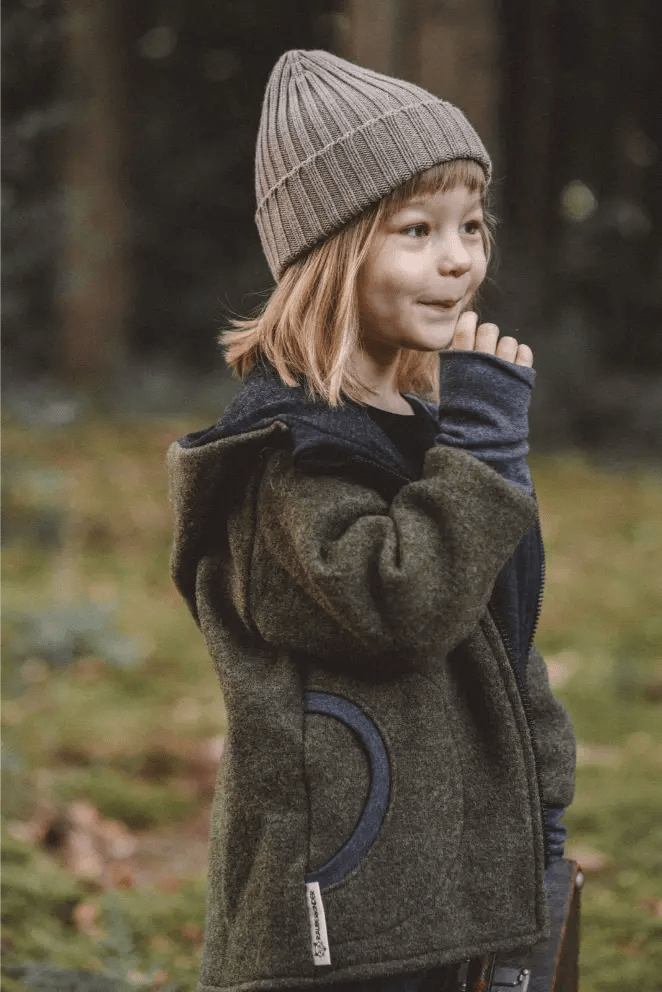 Wollwalk Jacke Kinder Kletterkind mit Merino Jersey in Olive - Räuberkinder 2