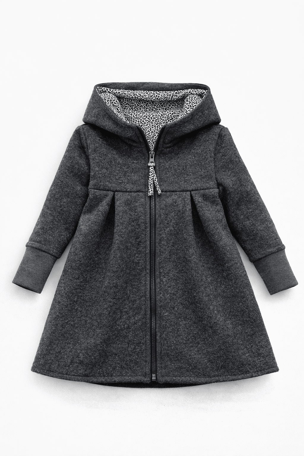 Wollwalk Mantel in A - Linie mit Kapuze - Anthrazit / Leo - Räuberkinder