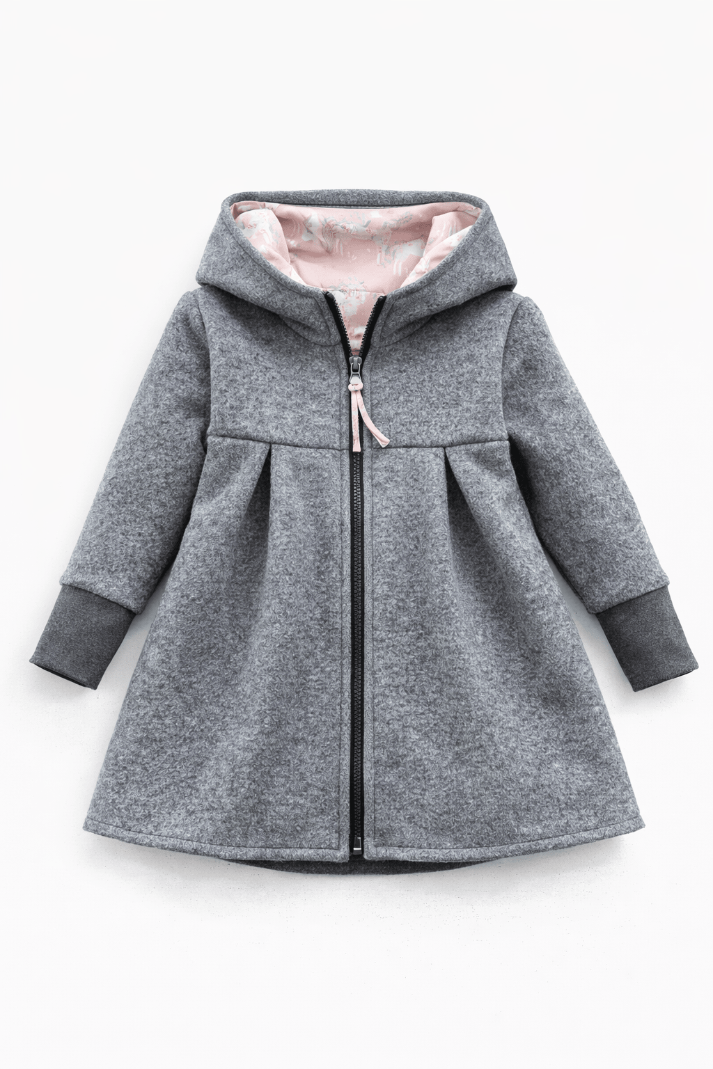 Wollwalk Mantel in A - Linie mit Kapuze - Grau / Einhorn blush - Räuberkinder