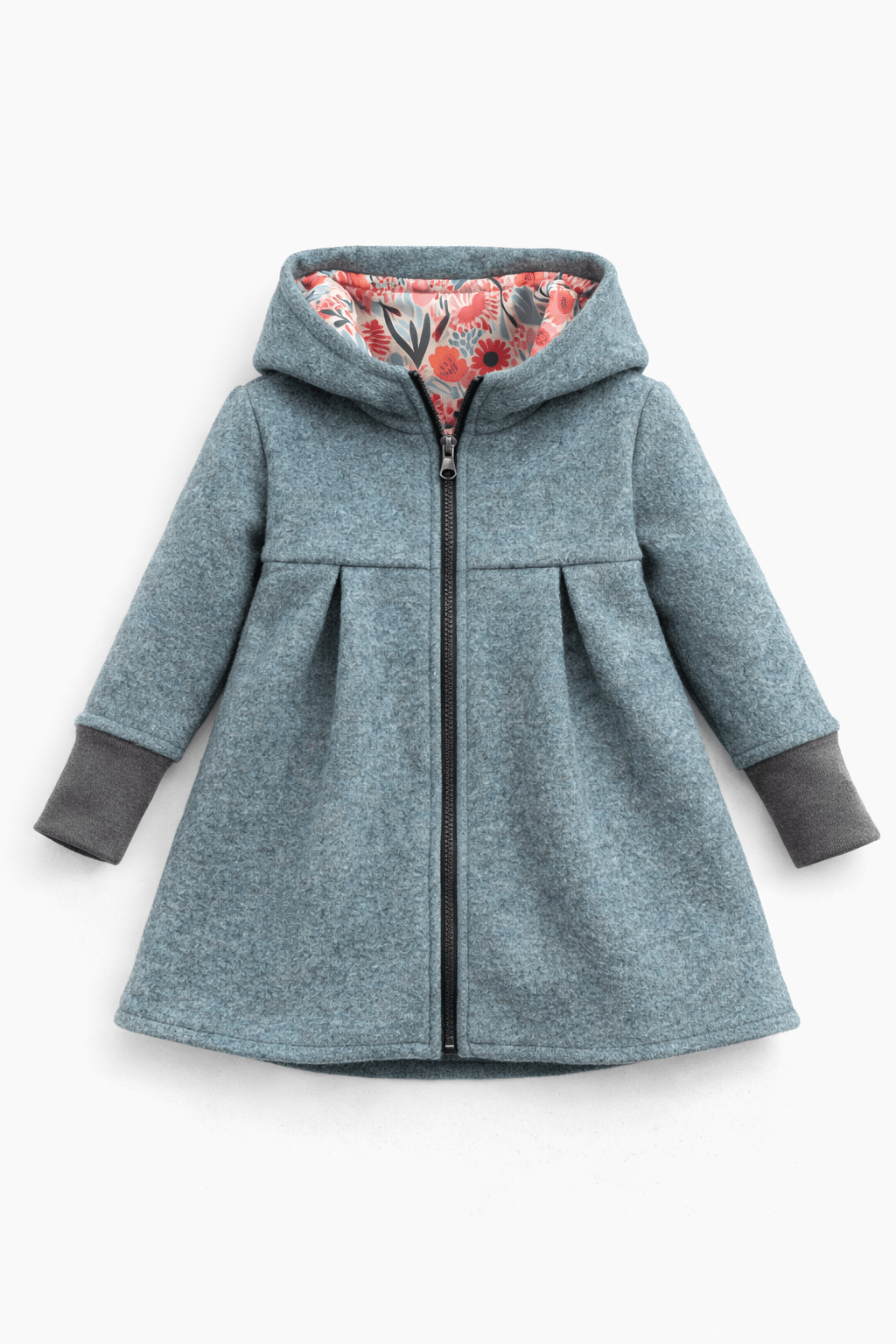 Wollwalk Mantel in A - Linie mit Kapuze - Mint / Blumen bunt - Räuberkinder