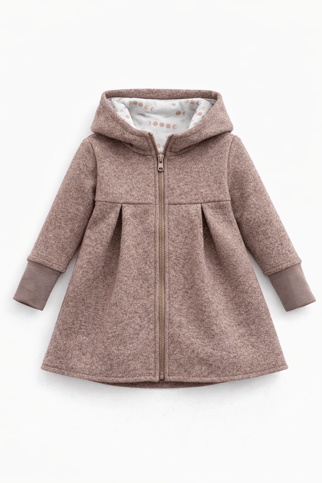 Wollwalk Mantel in A - Linie mit Kapuze - Taupe / Boho Mond - Räuberkinder