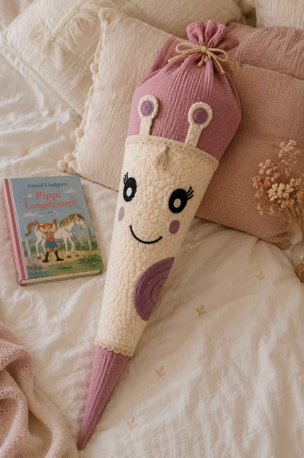 Schultüte Schnecke aus Teddyfell mit Kissenfunktion