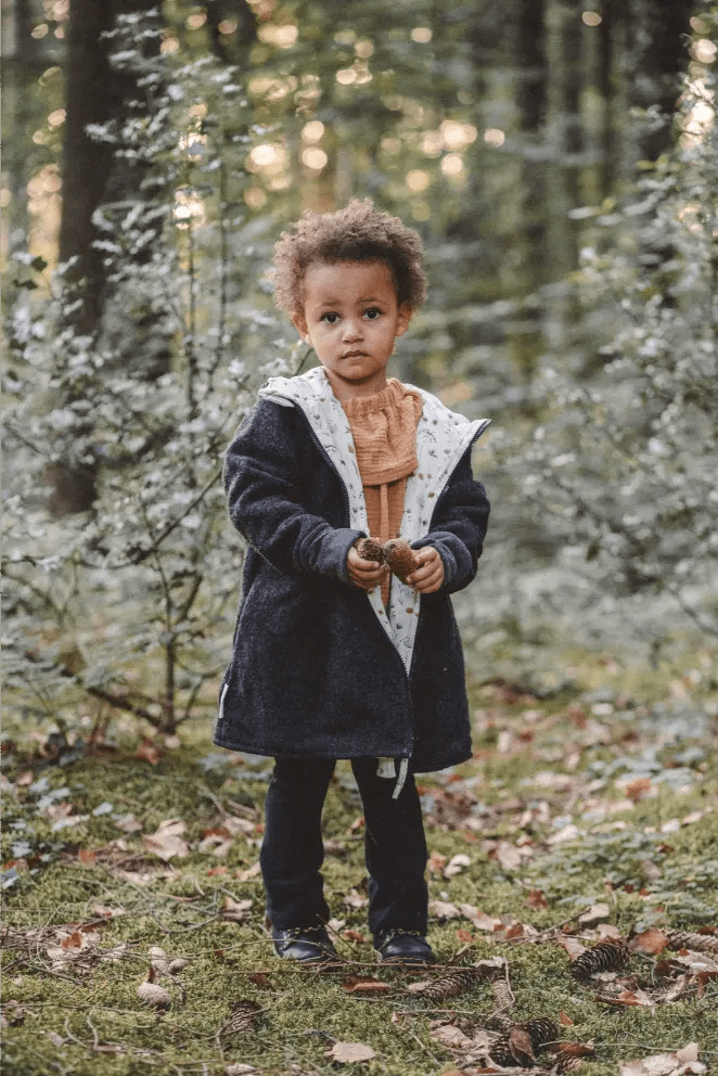 Wollwalk Mantel Kinder in A-Linie mit Kapuze Anthrazit und Kornblume - Räuberkinder 5