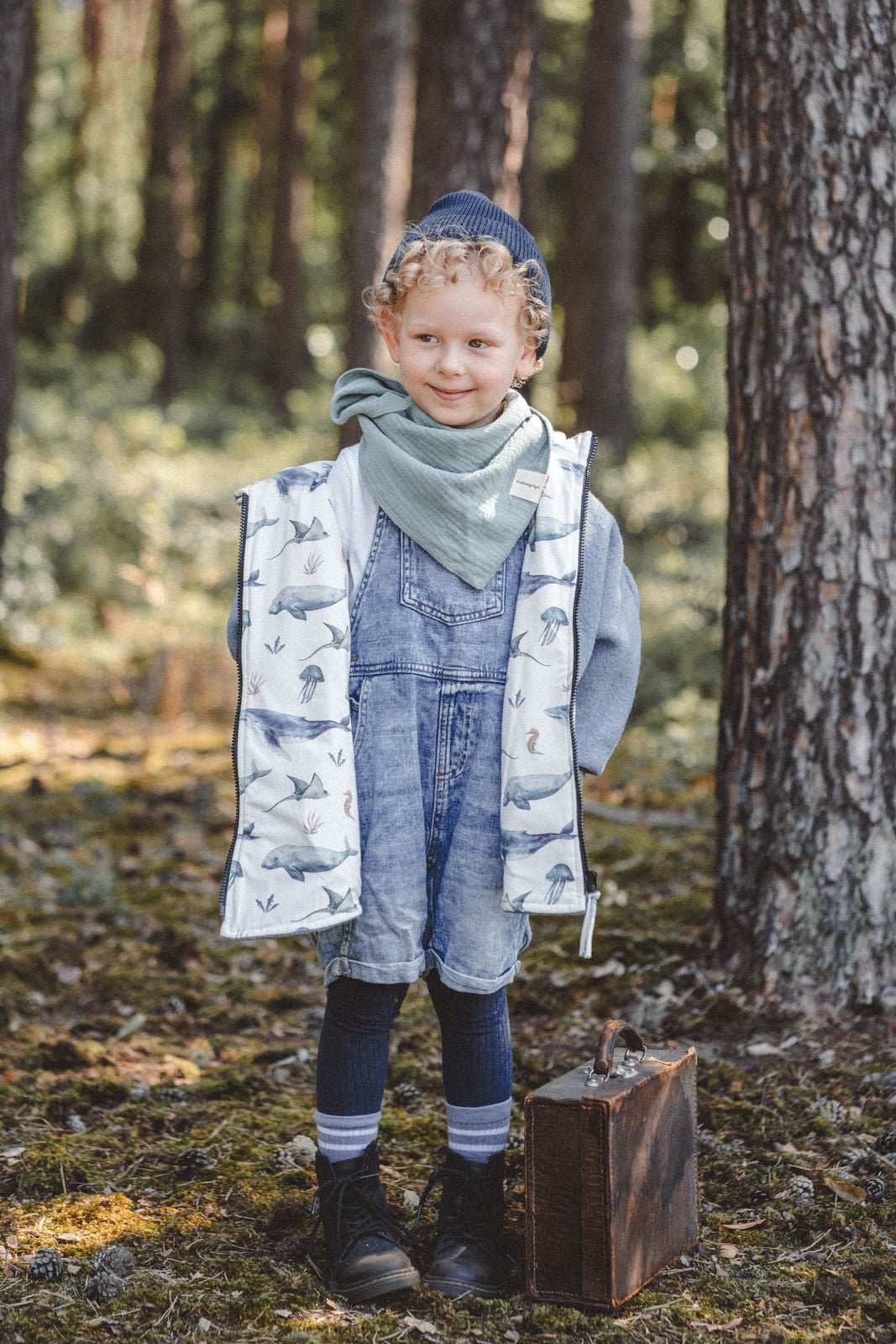 Wollwalk Oversize Jacke Kinder Blau mit Meerestiere - Räuberkinder 1