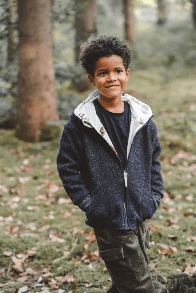 Wollwalkjacke Kinder Kletterkind Anthrazit mit Waldtiere - Räuberkinder 1
