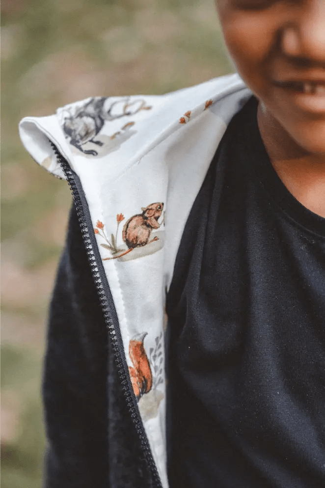 Wollwalkjacke Kinder Kletterkind Anthrazit mit Waldtiere - Räuberkinder 4