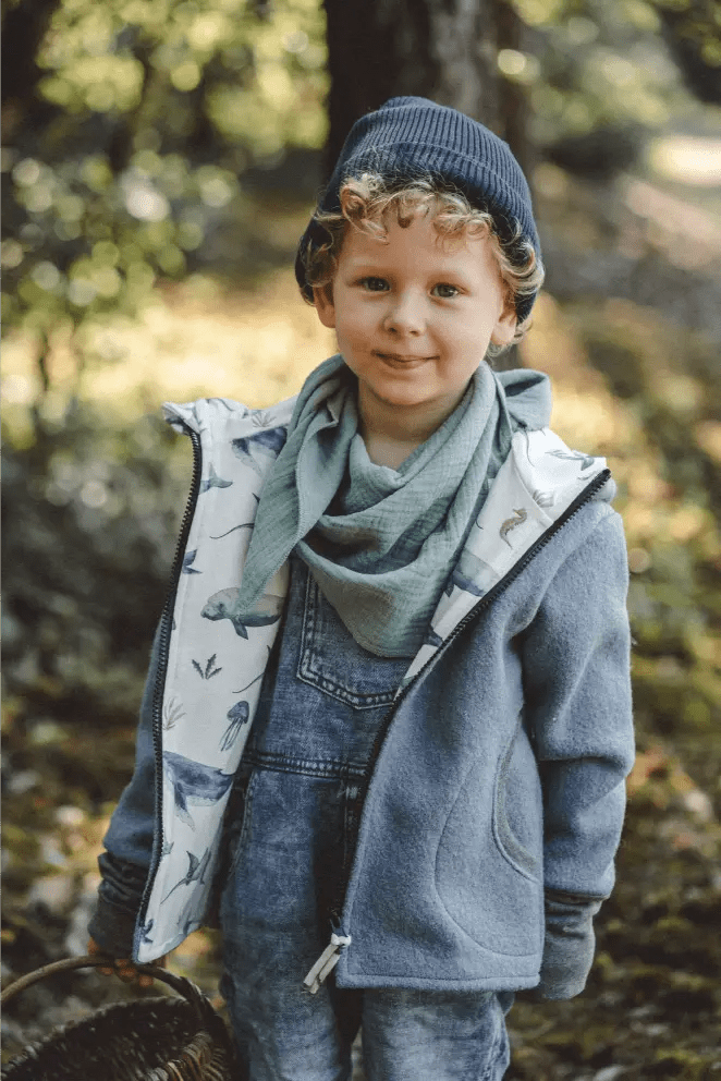 Wollwalkjacke Kinder Kletterkind Blau mit Meerestiere - Räuberkinder 1